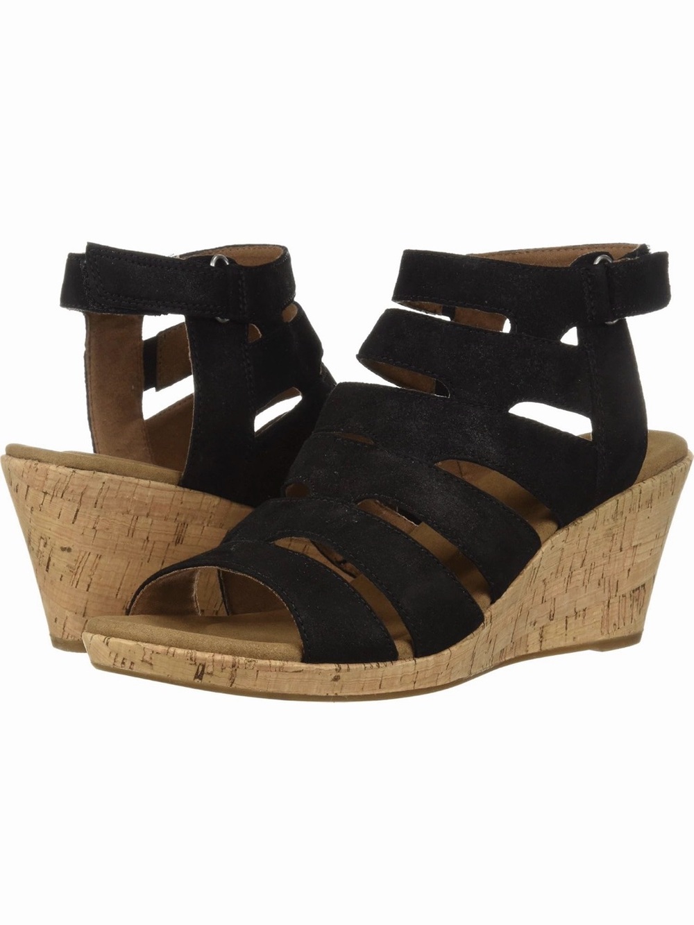 Rockport Black Suede Strappy Cork Wedge Sandals